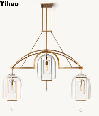 43 kg Fulcrum Linear Brass Crystal Chandelier met afmetingen 155cm W x 34cm D x 142cm H
