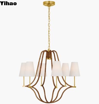 Visual Comfort Biscayne Grote Verpakte Kroonluchter CHC 5581 Antiek Gebrand Messing En Natuurlijk Rattan